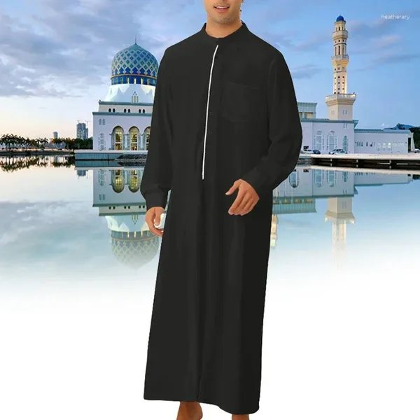 Abbigliamento etnico abito musulmano uomini medio Oriente uomo manica lunga coltura araba collo di colore solido islamico maxi dubai jubba thobe abaya