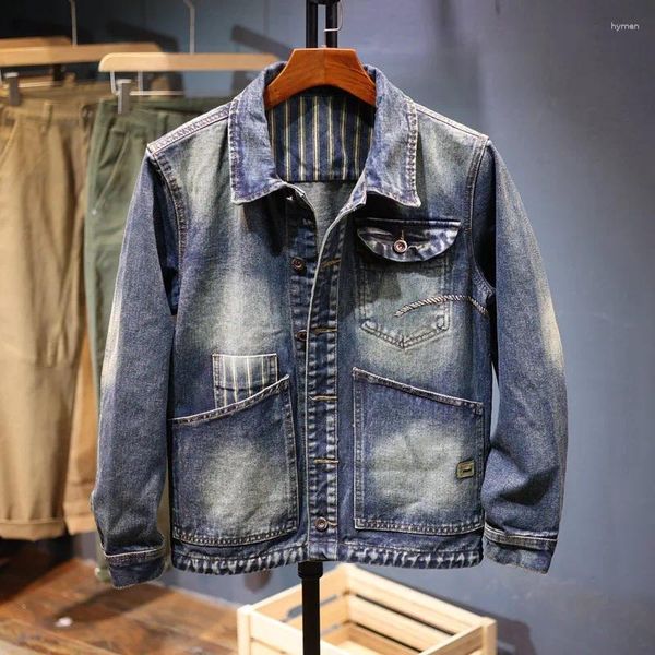 Мужские куртки полоса сплайсинг ретро синий вымытая джинсовая куртка осень свободные повседневные хлопковые пальто мужские красивые отвороты мотоцикл джинсы
