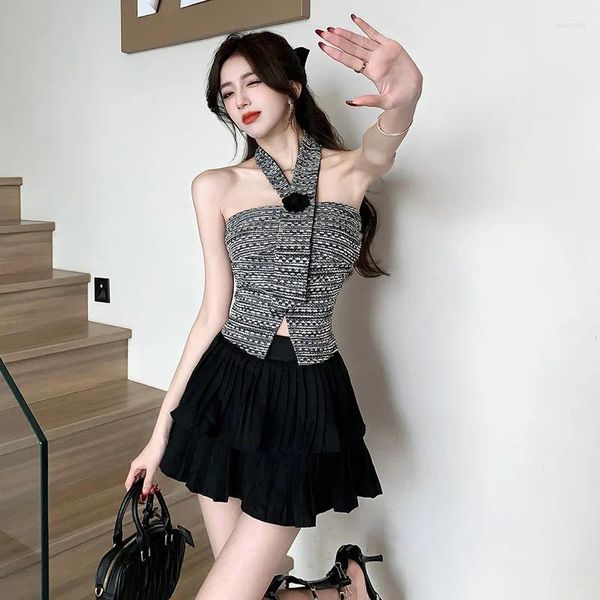 Vestidos de trabalho 2024 Dress Summer Sets Women Halter Strapless Tops High Saias plissadas de altas femininas moda coreana de moda de duas peças Conjunto