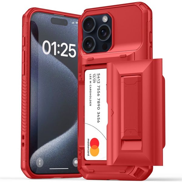 Red Kickstend Case Case Premium Card Slots Chace Case Cash Seake Duty TPU PC Shock -Resect для iPhone 15 14 13 12 11 Pro Max Mini XR XS X 6 7 8 Plus