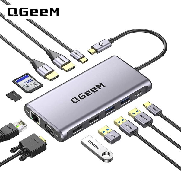 Hubs QGEEM USB C Docking Station, 12 in 1 USB C Hub Laptop Stazione Dual Monitor, Triple display USB Type C Dock 4K Dual HDMI