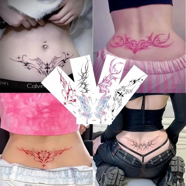 Inchiostri 5pc/lot pink love totem impermeabile adesivi di tatuaggi temporanei sexy in vita e pancia cicatrice cicatrice cicatrice arte falsa farfalla da tatuaggio finto