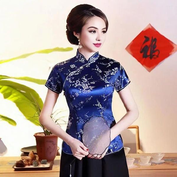 Blouses feminina Mulheres Cheongsam Top Retro Stand Gollar Slave Short Manga Qipao Impressão floral Roupas tradicionais de blusa chinesa para ano