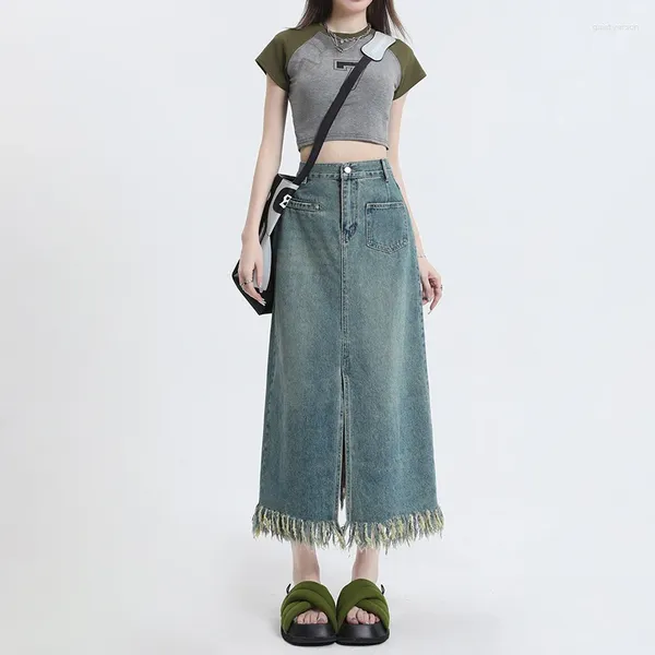 Юбки летняя высокая талия с разделением кисточки Джинсовая юбка женская дизайн моды Sense Senm