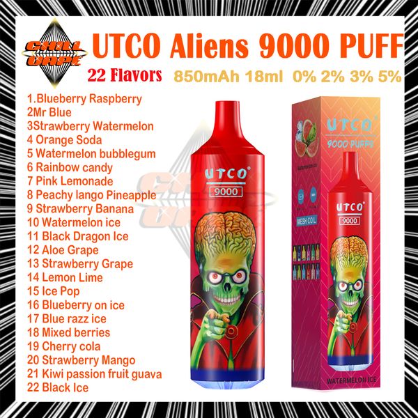 Оригинальный UTCO Aliens 9000 Puffs Ondosable Vape 22 Аромат 18 мл предварительно заполненного устройства 850MAH Тип-C Регаментируемая сетчатая сетчатая сетка.