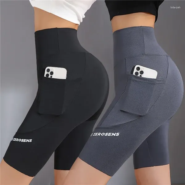 Aktive Shorts Frauen nahtloses Yoga mit Telefontaschen Hüftlebexpasser Squat Proof Hoelastische Fitness -Legging Schnelltrocknen Radfahren