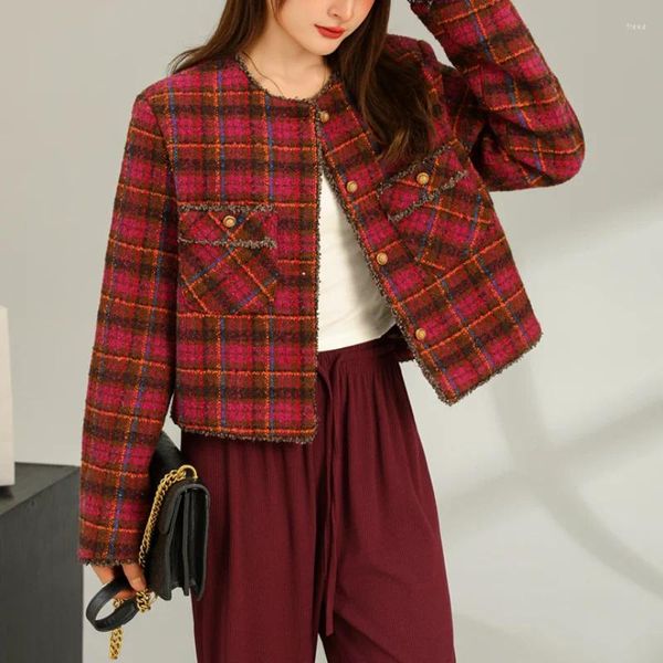 Frauenjacken französische rote Plaid Tweed Casual Jacke Frauen kleiner Duft Vintage Runde Hals Mode Elegant Korea FMale Mantel Herbst Winter