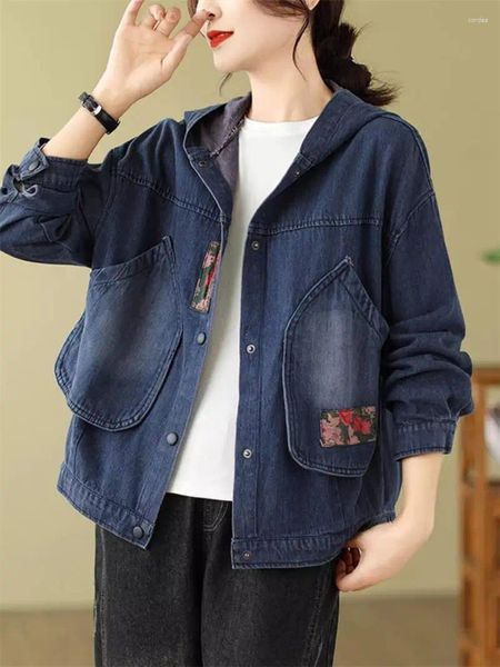 Jackets femininos jaqueta jeans coreana de grandes dimensões com capuz Retro angustiado solto 2024 Spring Autumn for Women Jeans Coat Mujer Chaqueta