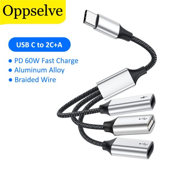 Hubs USB Тип C к двойному типу OTG Adapter PD 60W Hub 3 в 1 Кабель данных зарядки для MacBook Samsung Huawei Xiaomi Tapte