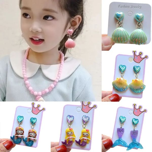 Earrings Girls Cartoon Fishtail Shell Ear clipe sem perfuração clipes de orelha de pingente resina Brincos falsos infantis Giftos de joias de festa