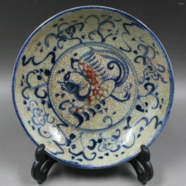 Estatuetas decorativas chinesas antigas marcadas com escavação azul e vermelho Placa de porcelana Phoenix Phoenix