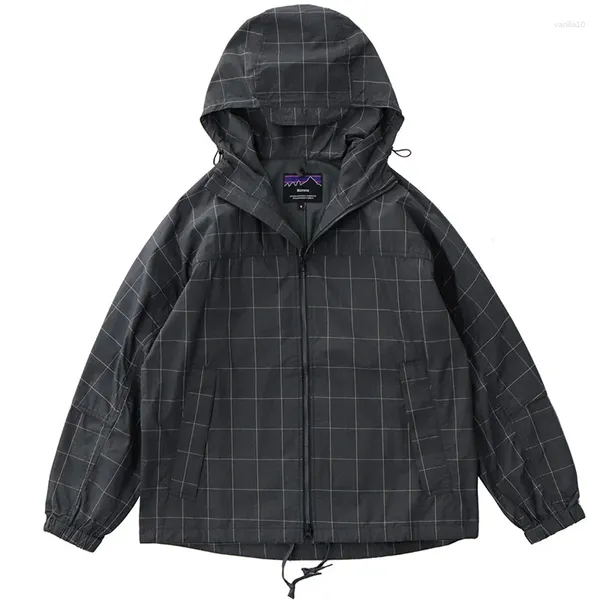 Herrenjacken Frühling mit Kapuze-Trenchcoat Japaner Retro Lose Freizeit winddichte Nähte Khaki Reißverschluss Plaid für Männer