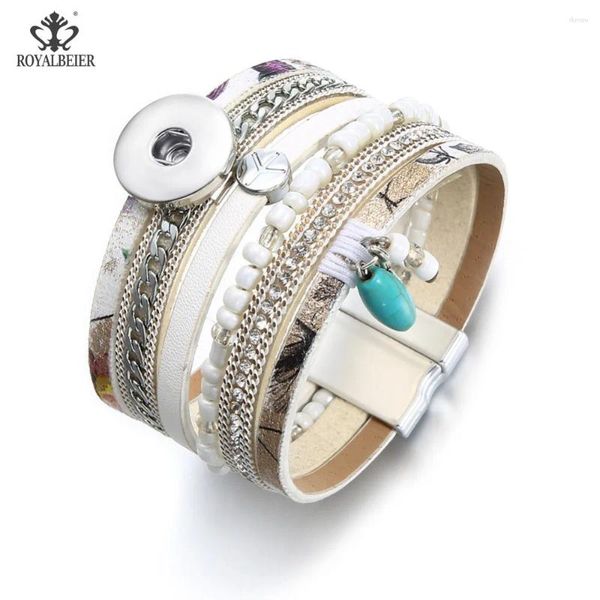 Charm Bilezikler Royalbeier Çok Tabakalı Geniş Manyetik Deri Rhinestone Bilezik Uygun 18mm Snap Düğmesi Kadınlar Erkekler Zarif Takı