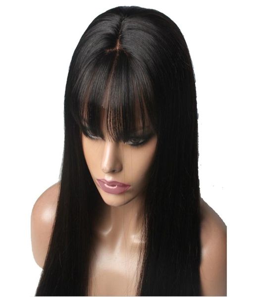 Peruca reta de renda peruca peruiana Virgem Fringe Wig Human Human Guleless Lace Full Lace Wig com franja Blacked Kins for Black7586087