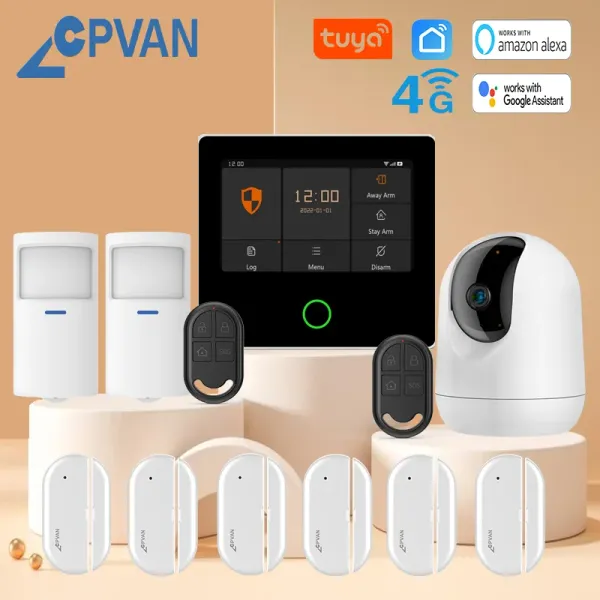 Controle CPvan Tuya Sistema de segurança residencial Sistema de segurança sem fio 4G Smart Home Lavre de Segurança Alarme de Proteção de Segurança com Sensor da porta do detector de movimento