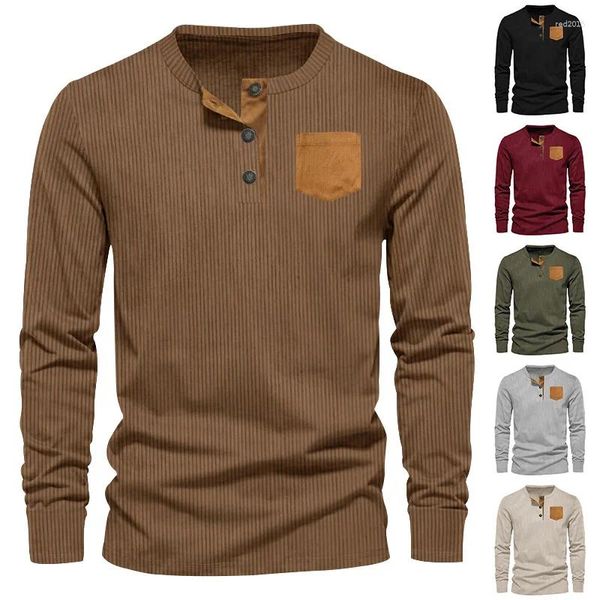 Herren Hoodies 2024 Frühling und Herbst drei Knopf Henry Langarm T-Shirt runden Nacken Schlanker Fit Pullover für Männer