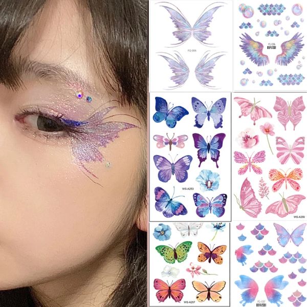 Tattoos Musikfestival Make -up temporärer Tattoo Aufkleber wasserdichte Frauen Augen Gesicht Handkörper Kunst Glitter Fairy Butterfly Fake Tattoo