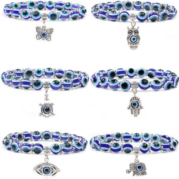 Stränge glückliche türkisch blaue Augenarmband für Frauen Männer Elefanten Schmetterling Fatima Hand Charm Armband böse Augenperlen Braklesen Accessoires