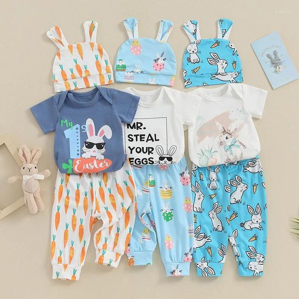 Kleidungssets 2024-11-25 Lioraitiin 0-12m geborener Baby Jungen Osterkleidung Outfit Brief Kurzarm Strampler Hose Hut 3pcs Set