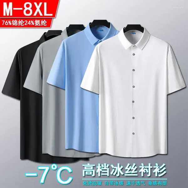 Camisas casuais masculinas Camisa de manga curta de seda de gelo sofisticada para obter a sensação de cortina resistente à camiseta elástica elástica de ponta