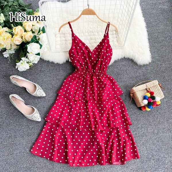 Lässige Kleider 2024 Sommer Damen Chic Dot Druckgurt gegen Kragen drei Schicht Rüschen Ballkleid Kleid Female Elegant Stufen