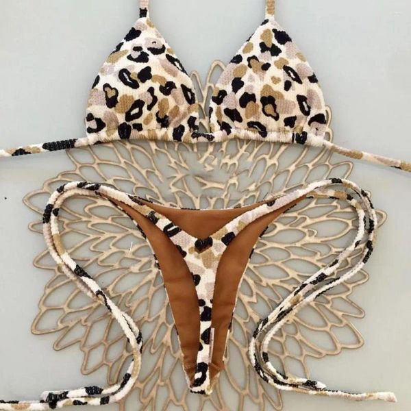 Menas de banho feminina com cintura alta Swimsuit Leopard estampa halter sutiã de conto de cadeira de cereja biquíni brasileiro sexy duas peças para mulheres