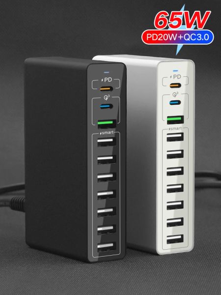 Ladegeräte 65W Fast Lades USB -Ladegerät PD Typ C für iPhone Huawei Multi -Port Quick Ladestation 60W Tragbarer Mobiltelefonadapter