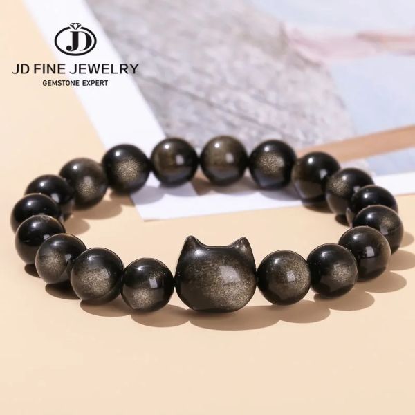 Strands JD 7A Natural Oro Silver Color Shiny Obsidian Obsidian Obsidian Cat Head Braccialetti Donne uomini Fantasca rotonda Bracciale di energia