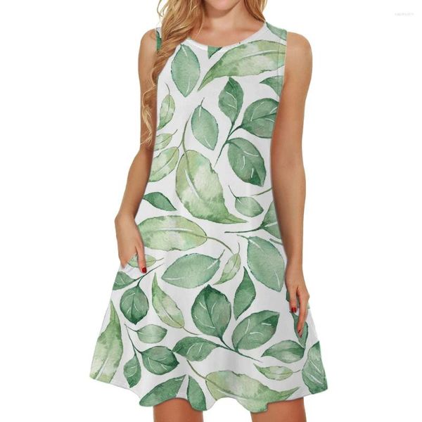 Abiti casual Donne estive senza maniche foglie stampate stampata vintage abito da sole spiaggia giulizia giubbottini a metà lunghezza