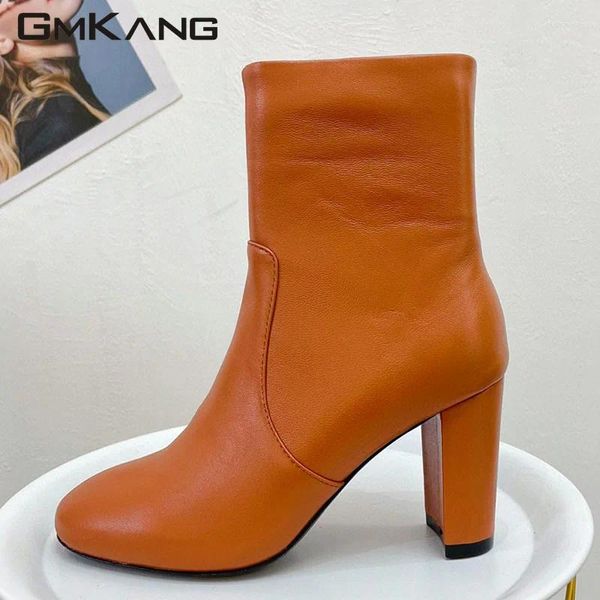 Stiefel Runway High Heels Knöchel für Frauen rund Zehen echte Leder kurze Frau Chunky Designer Schuhe Stiefel weiblich