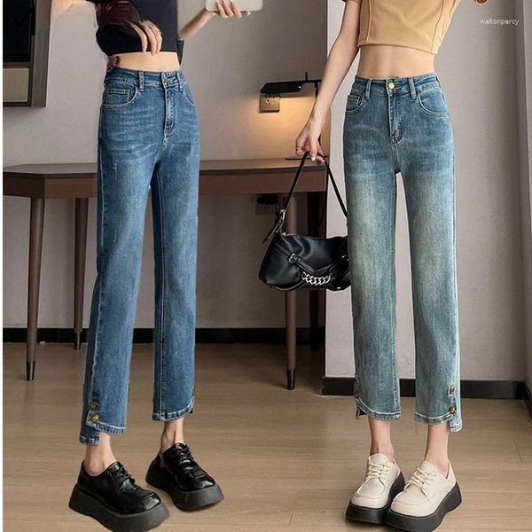 Jeans femminile oversize chic split bottom bottom classic high wit slim slass stenim pantaloni primaverile autunno streetwear women pantaloni v627