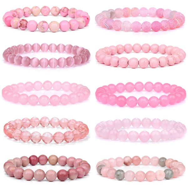 Pulseira rosa pulseiras de pedra de 8 mm de pulseira redonda de miçangas rosa quartzs rosa gato olho reiki energia estirada bangle jóias de jóias para mulheres