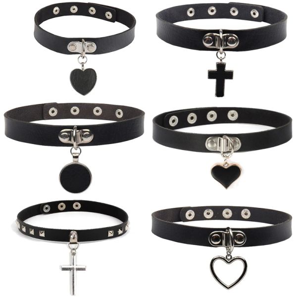 Halskette Neue gotische Punk schwarze PU Leder Halskette für Frauen Herzkreuz runden Charme Halskette Halskette Rock Schmuck Geschenk