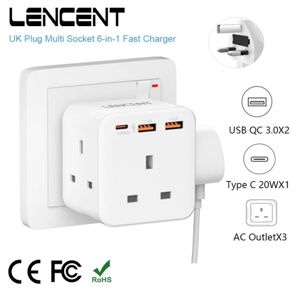 Chargers Lencent UK Plug Power Strip com 3 lojas CA +2 USB QC 3.0 +1 Tipo C PD 20W Carregador Fast Multi Socket Power Adapter for Home