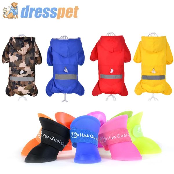 Ceketler Dresspet Pet Dog Yağmur Birlik ve Yağmur Ayakkabıları Set Ücretsiz Kombinasyon Dört Renkli Yağmurluk / Sekiz Renkli Yağmur Botu