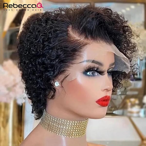 Wig Bob Pixie Cut Wig Curly Human Hair Wigs For Women 13x1 Lace Front Transparent Wave Deep Lace Perucão Pré -explorado