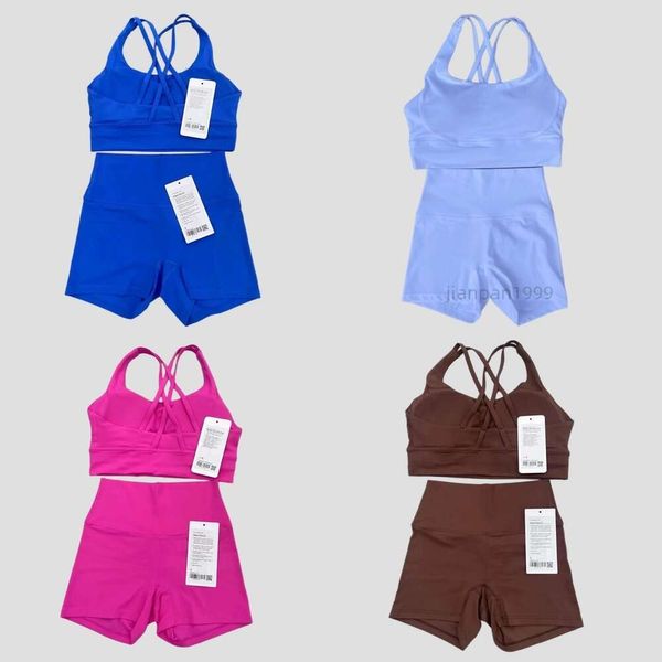 lululemenly iki parça kadın yoga set backcross spor sutyen fitness tank top yüksek bel tayt bisikletçi sporcu şortları aktif giysiler