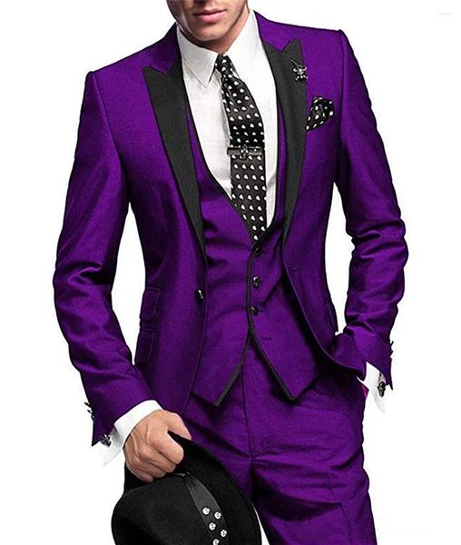 Ternos masculinos Terno de 3 peças Purple Slim Fit Business Leisure Banquet de casamento colete de jaqueta de noiva com calças