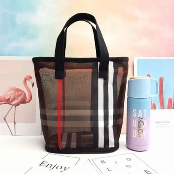 Totes Fashion Plaid Burse Transparent Bucket Beach Bag Bolsa Designer Malha de lavagem bolsa de maquiagem para mulheres nadando