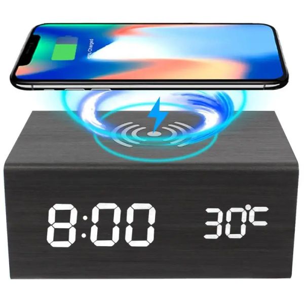 Carregador Mini Wireless Funcional Chargers para iPhone Huawei Samsung Voice LED LED Digital Clock Speaker TF Card