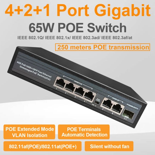 Switches Gigabit Poe Ethernet Switch Hub não gerenciado 65W 4 Poe +2 RJ45 +1 Portas de Uplink SFP 1000Mbps 802.3 AF para CCTV AP