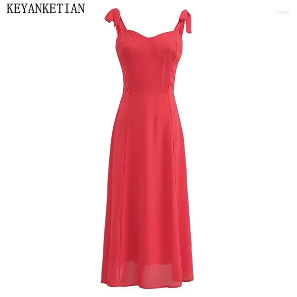 Vestidos casuais keyanketian 2024 lançar o vestido de arco feminino para cima vestido de escorregamento vermelho verão slim chiffon sem mangas long midi formal