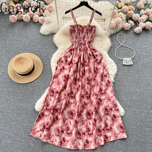 Vestidos casuais gagaok vestido de férias de verão 2024 sem mangas sem mangas elegantes swing swing vintage estilo francês impressão floral vestido