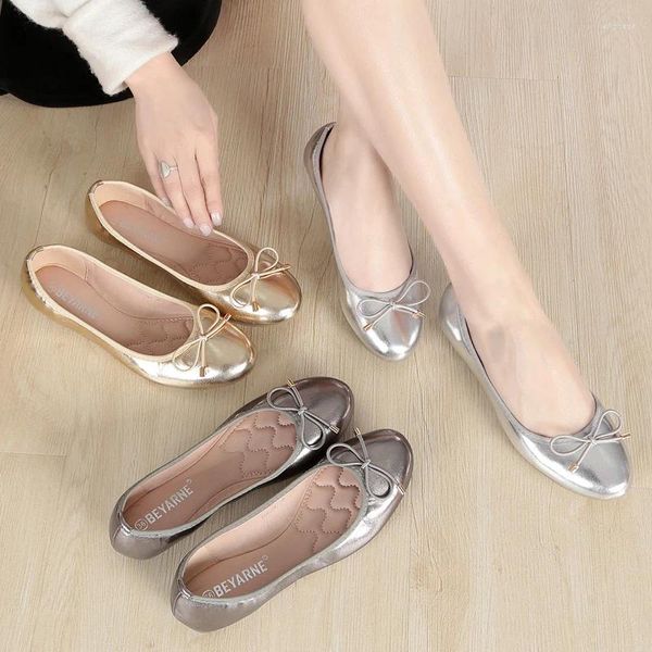 Scarpe casual Silver Flat Women Round Head Women Women's Soft Bottom Bow Knot Boat Bean Comfort Flats