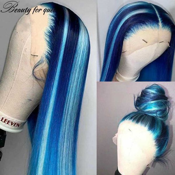 Perucas de cabelo humano de renda azul longa e macia para mulheres Straight HD Transparente Wig Frontal Synthetic Prep