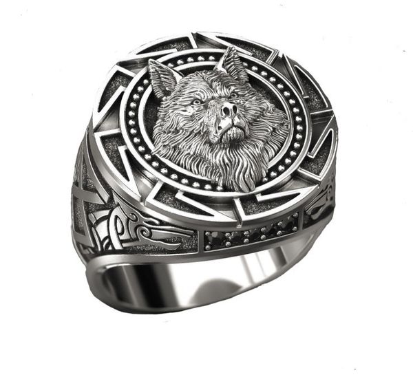Hot Selling Retro Wolf Totem Thai Silver Ring Nórdico Mitologia Viking Warrior Wolf Head Men's Ring