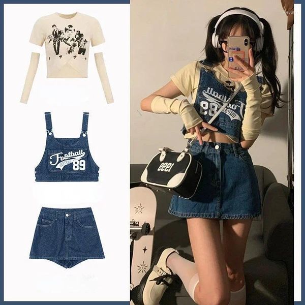 Saias de três peças Denim Suspender Vest Y2K dobra desgaste dentro de Goth Mini saia vintage harajuku vestido gótico conjuntos