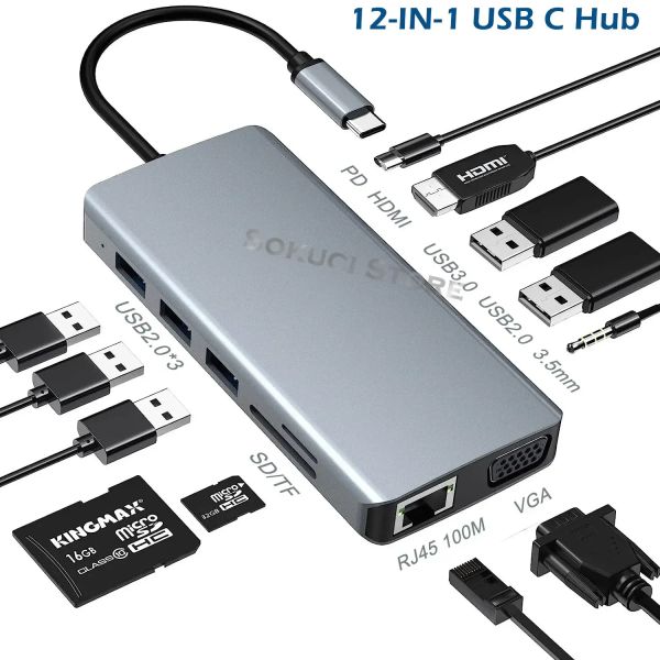 Hubs 12/9/8 in 1 USB Tipo C Hub Typec a 4K HDMicompatible Adattatore VGA RJ45 LAN Ethernet SD TF PD 3,5 mm audio/microfono per MacBook Pro