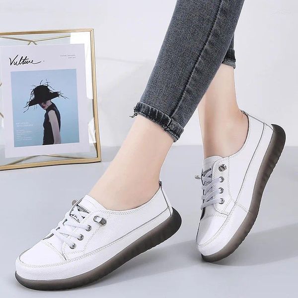 Lässige Schuhe Sport Frauen natürliche echte Leder flache weibliche Ballett Flats Schnürung weißer Hof Sneakers Damen