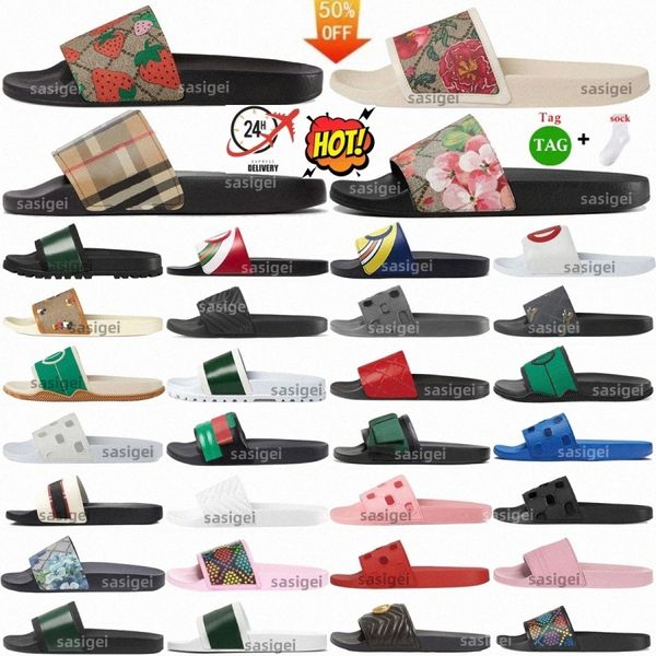 Web Slides Sandália Chinelos Flat Bloom Tiger Mulheres Borracha Couro Rosa Vermelho Verde Preto Branco Floral Morango Impressão Slide Lona Borracha Flores Verão Listrado